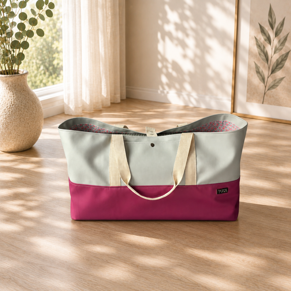 WendyWoo handmade yoga and Pilates bag in Dahlia faux leather with Lewis & Irene Pink Lilies on Blue lining